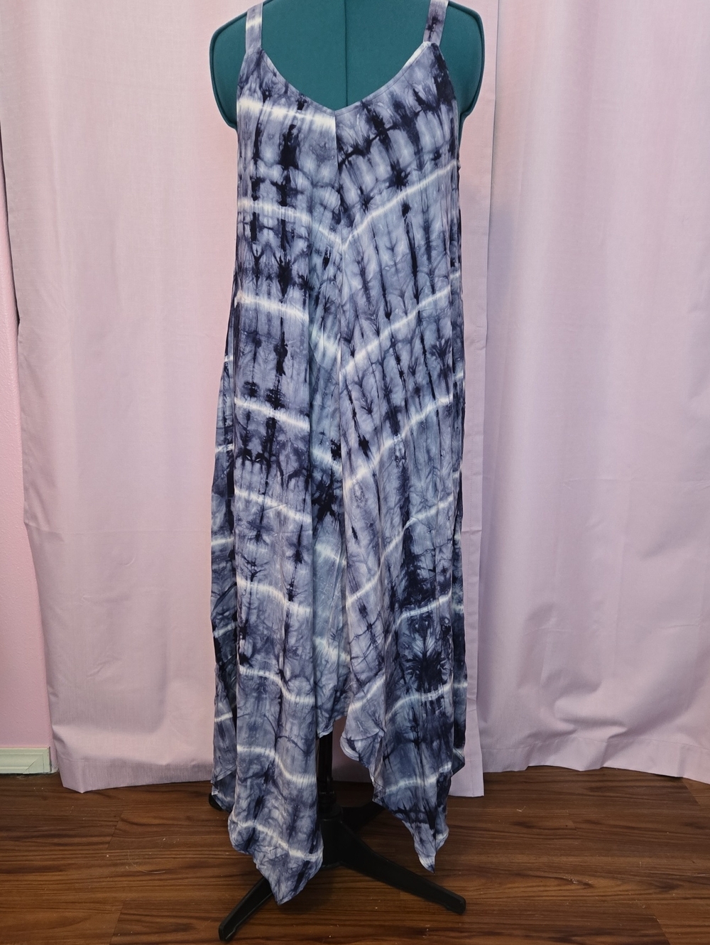 Tie-Dye Blue Handkerchief Hem Maxi Dress